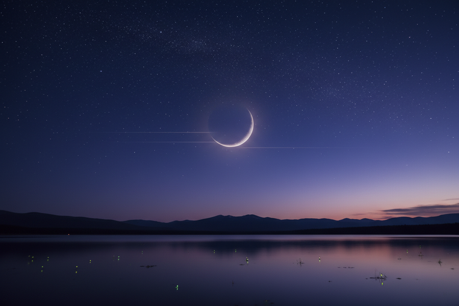 New moon night sky over a dark winter landscape