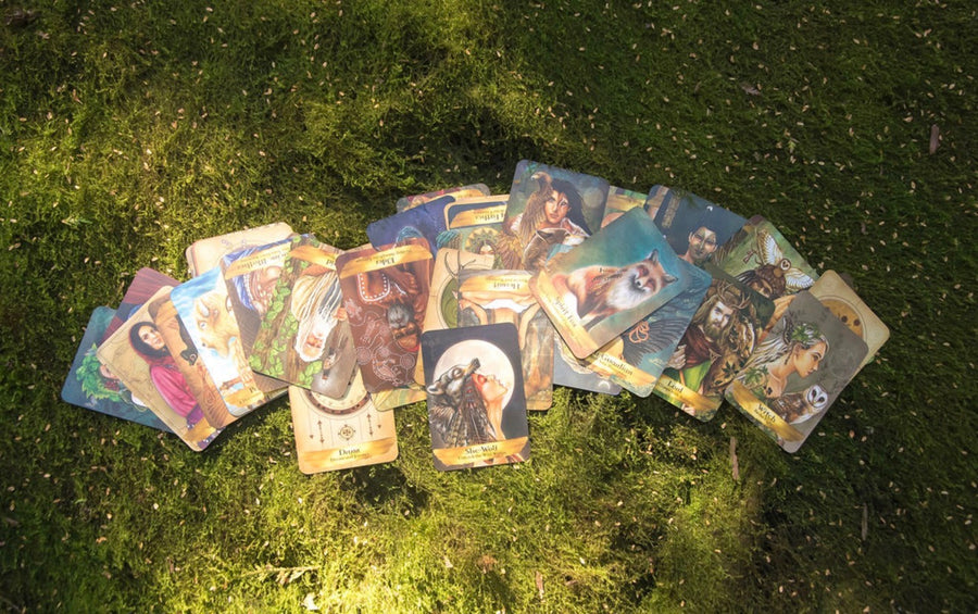 Tarot cards laid out on a table for a reading with Ascending Priestess