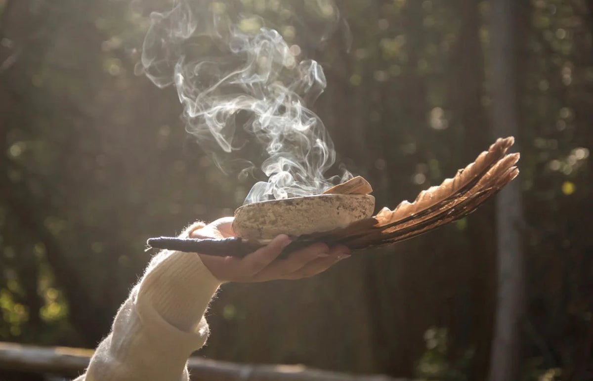 A hand holding smoking palo santo in warm light