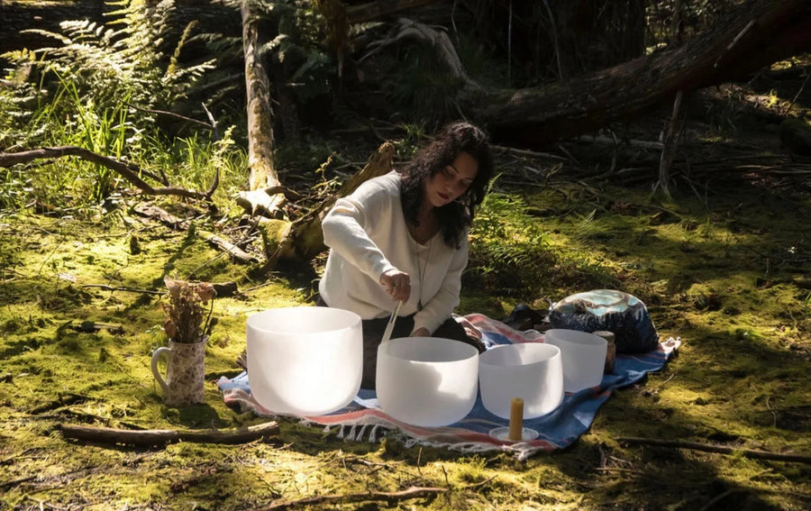 Crystal singing bowls set up on the forest floor